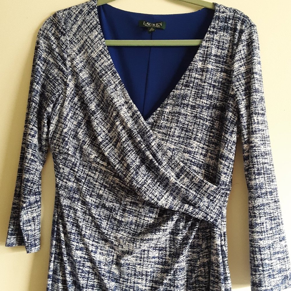 Lauren Ralph Lauren (NWT) Blue White Faux Wrap Sheath Cleora Dress